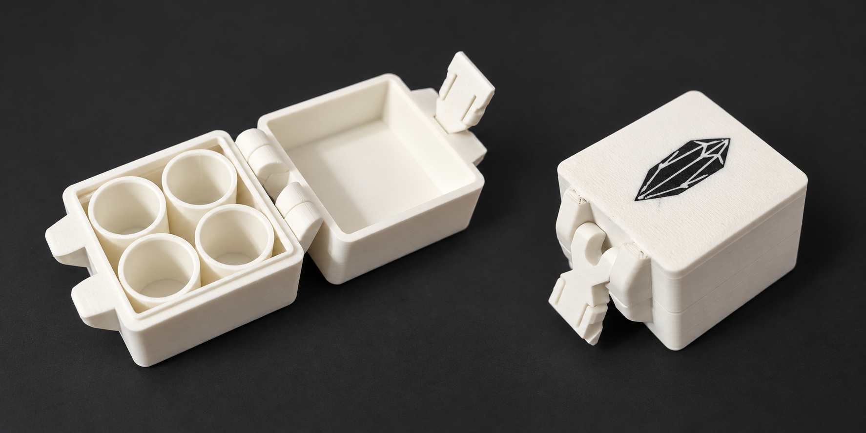 Off-white Obsidian four-vial case shown open with four round compartments and closed with the black crystal logo